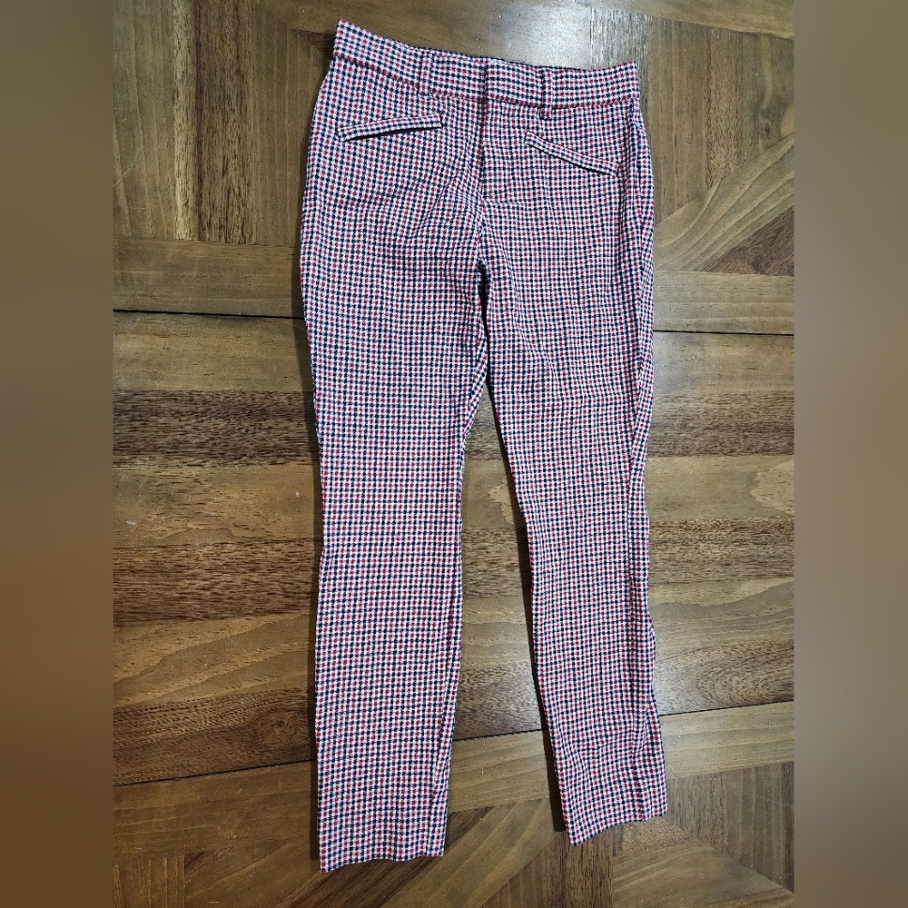 Gap Signature Skinny Ankle Pant Sz 0 Red Navy Tartan Plaid Mid Rise Stretch Chic